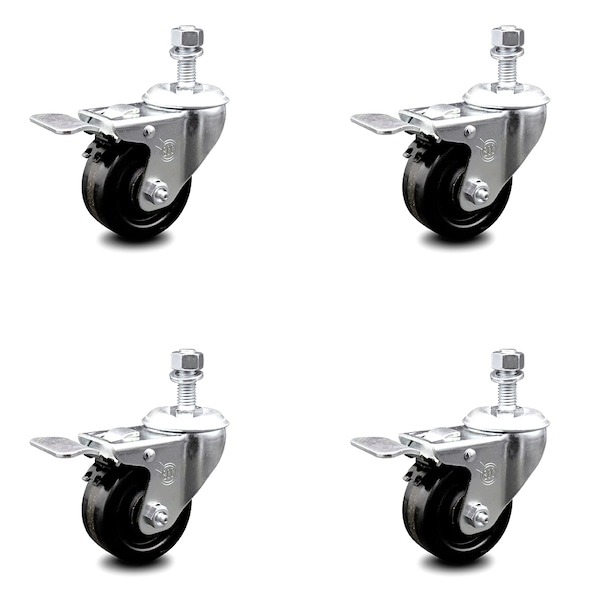 3 Inch Phenolic Swivel 12mm Threaded Stem Caster Set with Total Lock Brake